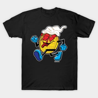 Happy Smiling Waffle Mascot strutting with Strawberries, strawberry syrup and whipped cream T-Shirt